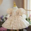 Sparkly Champagne Pearl Sequins Birthday Flower Girl Dresses 2022 Ball Gown High Neck Puffy Short Sleeve Tea-length Flower Girl Dresses