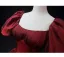 Vintage / Retro Burgundy Prom Dresses 2024 Ball Gown Square Neckline Puffy Short Sleeve Backless Sweep Train Prom Formal Dresses