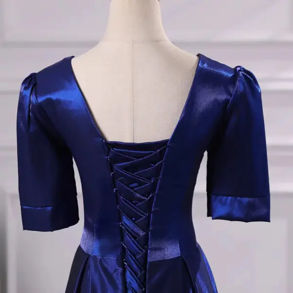 Vintage / Retro Royal Blue Prom Dresses 2024 A-Line / Princess V-Neck Short Sleeve Backless Floor-Length / Long Prom Formal Dresses