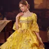 Vintage / Retro Medieval Yellow Prom Dresses 2022 Ball Gown Scoop Neck Beading Sequins Cascading Ruffles Bell sleeves Backless Floor-Length / Long Formal Dresses
