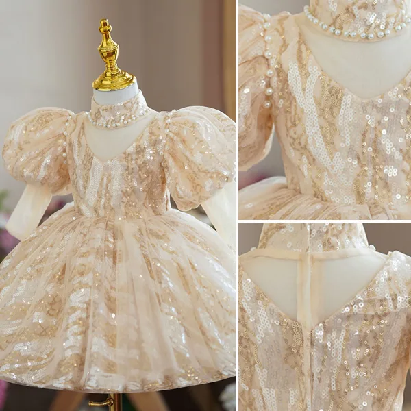 Sparkly Champagne Pearl Sequins Birthday Flower Girl Dresses 2022 Ball Gown High Neck Puffy Short Sleeve Tea-length Flower Girl Dresses