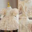 Sparkly Champagne Pearl Sequins Birthday Flower Girl Dresses 2022 Ball Gown High Neck Puffy Short Sleeve Tea-length Flower Girl Dresses