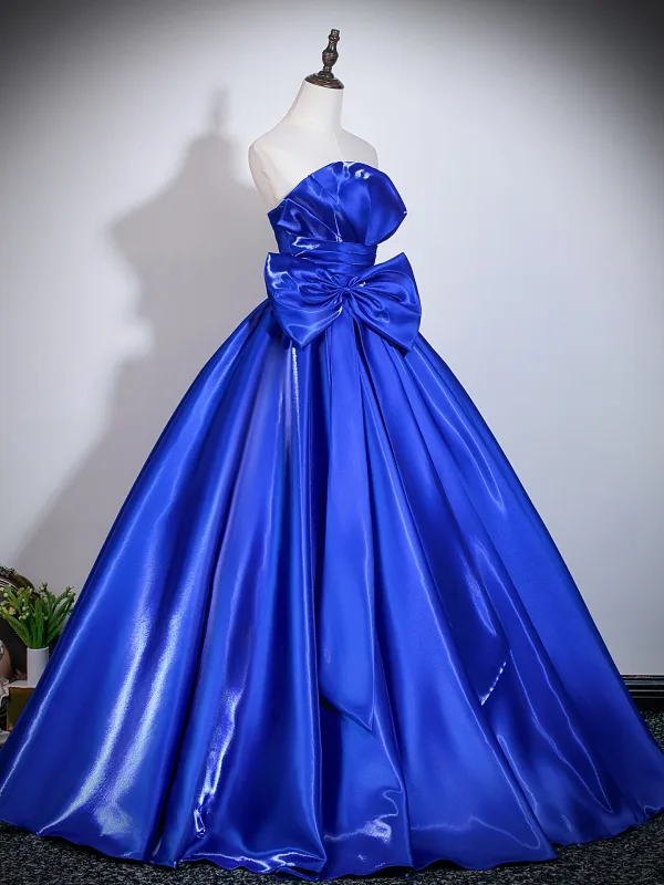 Vintage / Retro Royal Blue Bow Prom Dresses 2026 Ball Gown Strapless Sleeveless Backless Floor-Length / Long Formal Dresses
