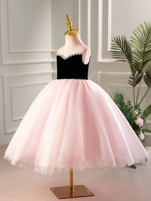 Elegant Blushing Pink Rhinestone Birthday Flower Girl Dresses 2023 Ball Gown Scoop Neck Sleeveless Backless Tea-length