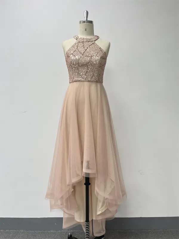Chic / Beautiful Gold Sequins Asymmetrical Prom Dresses 2024 A-Line / Princess High Neck Sleeveless Tulle Prom Formal Dresses