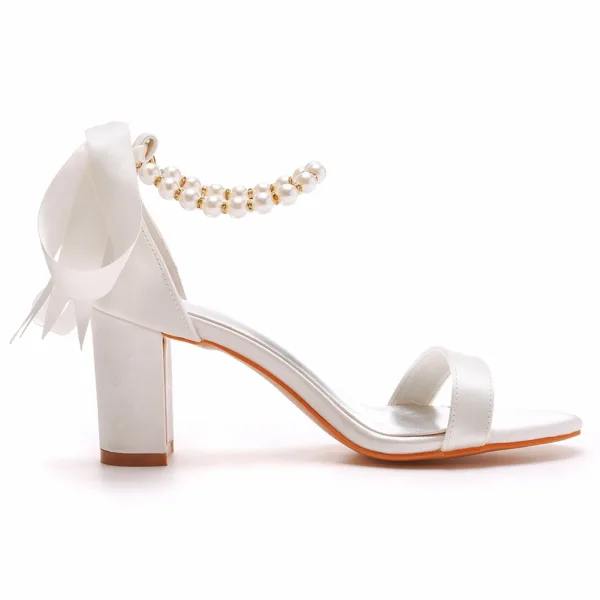 Charmant Blanche Perle Bride Cheville Noeud Sandales Femme 2023 7 cm Talons Épais À Bout Pointu Chaussure De Mariée