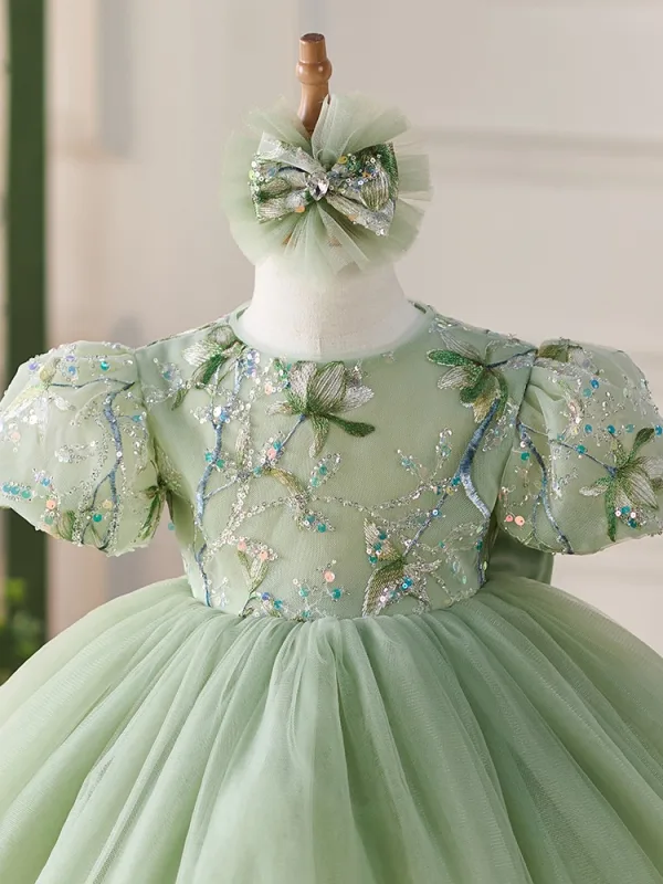 Chic / Beautiful Sage Green Lace Flower Sequins Bow Birthday Short Flower Girl Dresses 2024 Ball Gown Scoop Neck Puffy Short Sleeve
