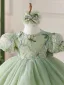 Chic / Beautiful Sage Green Lace Flower Sequins Bow Birthday Short Flower Girl Dresses 2024 Ball Gown Scoop Neck Puffy Short Sleeve