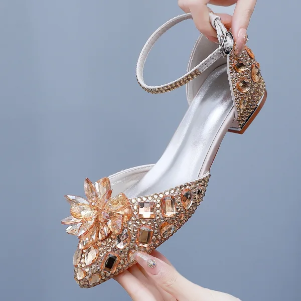 Charming Gold Rhinestone Flat Wedding Shoes 2024 Ankle Strap Pointed Toe Wedding Sandals