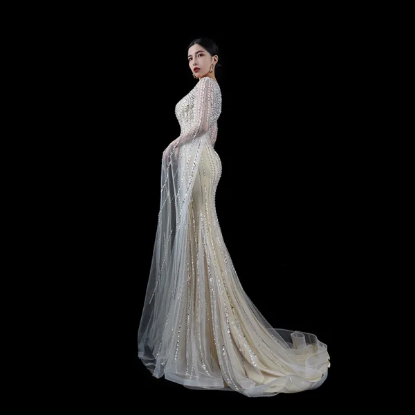 Luxury / Gorgeous Beige Handmade Beading Sequins Evening Dresses 2023 Trumpet / Mermaid V-Neck Long Sleeve Evening Party Sweep Train Formal Dresses