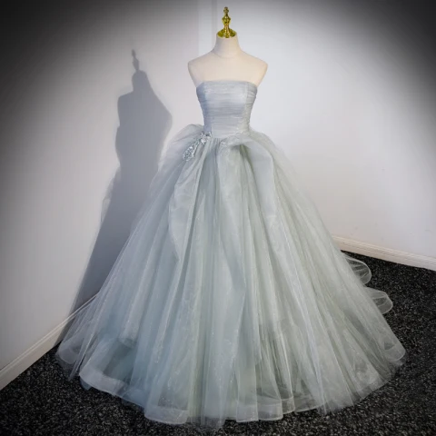 Charming Sage Green Beading Sequins Prom Dresses 2023 Ball Gown Strapless Sleeveless Backless Sweep Train Formal Dresses