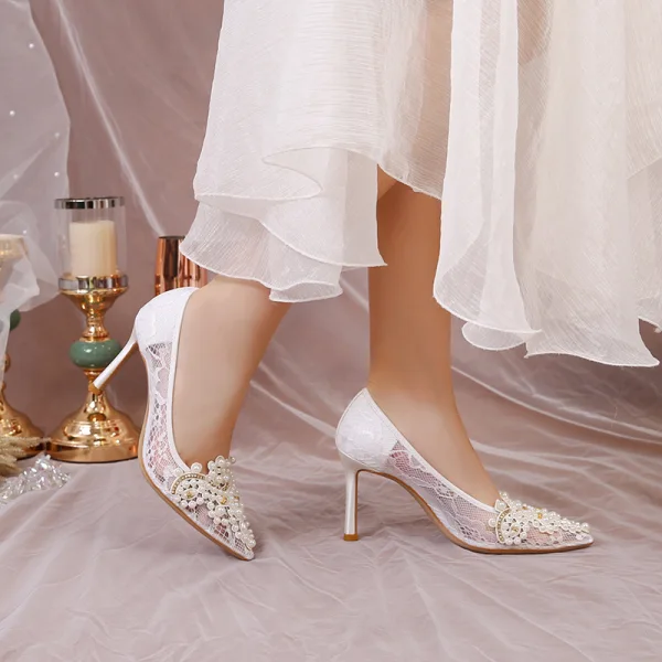 Chic / Beautiful White Pearl Rhinestone Lace Flower Wedding Shoes 2023 8 cm Stiletto Heels Pointed Toe Wedding Pumps High Heels