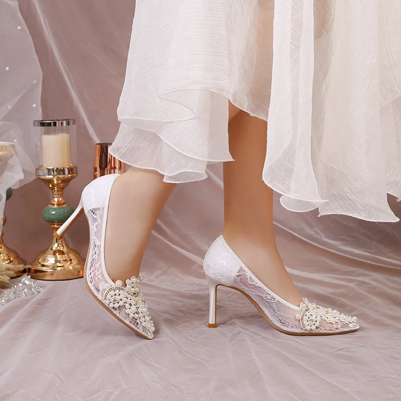 Pumps Für Braut Elegante Su.cheny 3 " 4 " Absatz Weiß Elfenbein Spitze Perlen Blumen Su.cheny Hochzeitsschuhe Pumps
