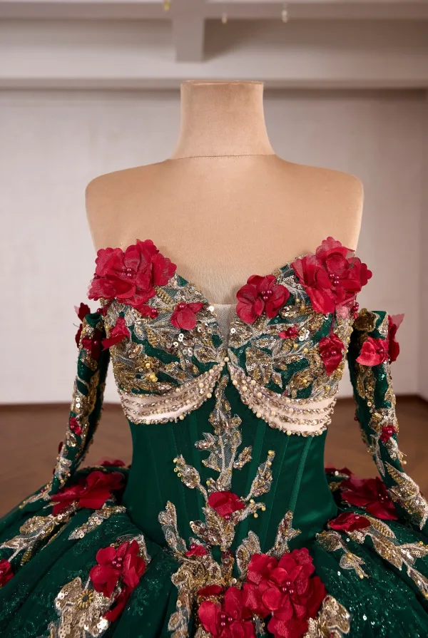 Luksus Vintage Mørk Grønn Beading Blonder Blomst Perle Appliques Ballkjoler 2026 Ballkjole Kjæreste Korte Ermer Ryggløse Lange