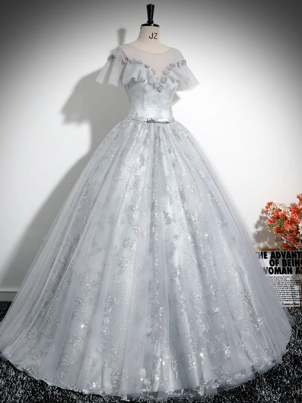 Vintage / Retro Grey Printing Appliques Prom Dresses 2024 Ball Gown Scoop Neck Short Sleeve Backless Floor-Length / Long Prom Formal Dresses