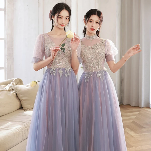 Elegant Purple Lace Flower Bridesmaid Dresses 2022 A-Line / Princess Beading Pearl Sequins Short Sleeve Backless Floor-Length / Long Bridesmaid Wedding Party Dresses