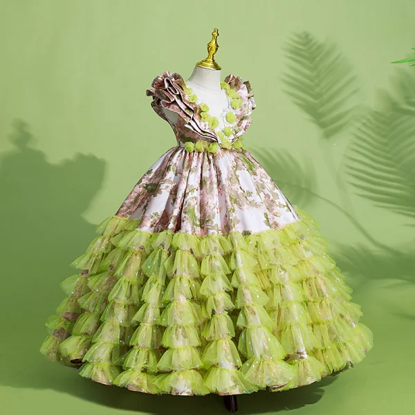Unusual Lime Green Cascading Ruffles Birthday Flower Girl Dresses 2022 Ball Gown Scoop Neck Appliques Sequins Sleeveless Backless Floor-Length / Long Flower Girl Dresses