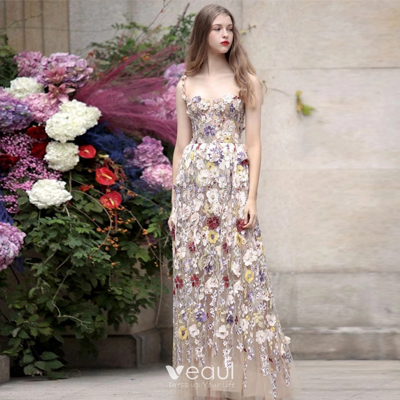 Flower Fairy Beige Floral Appliques Outdoor / Garden Prom Dresses