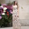 Flower Fairy Beige Floral Appliques Outdoor / Garden Prom Dresses 2022 A-Line / Princess Spaghetti Straps Sleeveless Backless Floor-Length / Long Formal Dresses