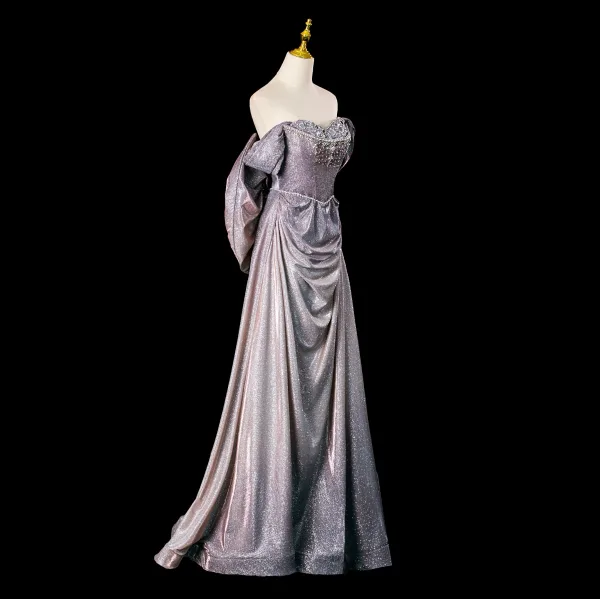 Scintillantes Sexy Violet Perlage Paillettes Robe De Bal 2025 Trompette / Sirène De l'épaule Manches Courtes Dos Nu Noeud Longue Promo Robe De Ceremonie
