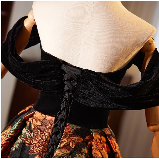 Vintage / Retro Black Printing Prom Dresses 2024 Ball Gown Off-The-Shoulder Sleeveless Backless Floor-Length / Long Prom Formal Dresses