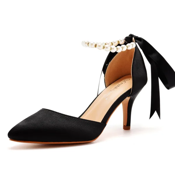 Charmant Dunkelgrün Perle Knöchelriemen Schleife Abend Sandalen Damen 2023 7 cm Stilettos Spitzschuh Sandaletten Hochhackige