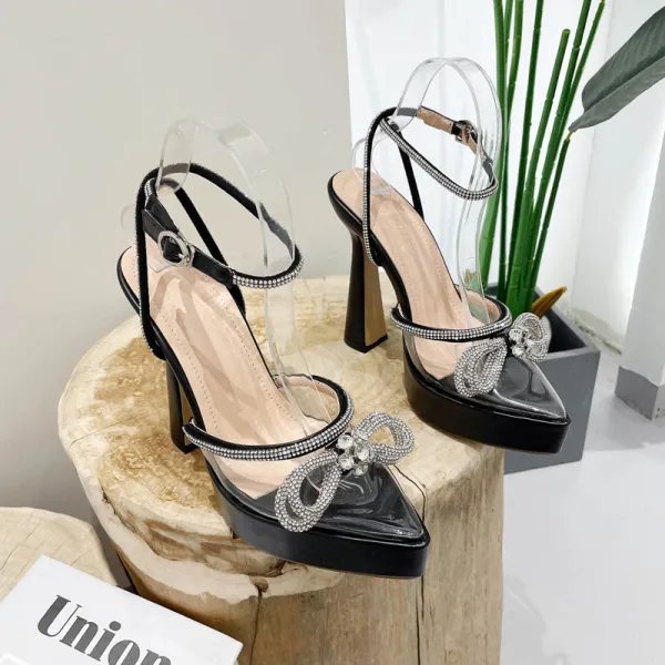 Transparent Beige Abend Sandalen Damen 2022 Strass Schleife Knöchelriemen 11 cm Stilettos Spitzschuh Sandaletten Hochhackige