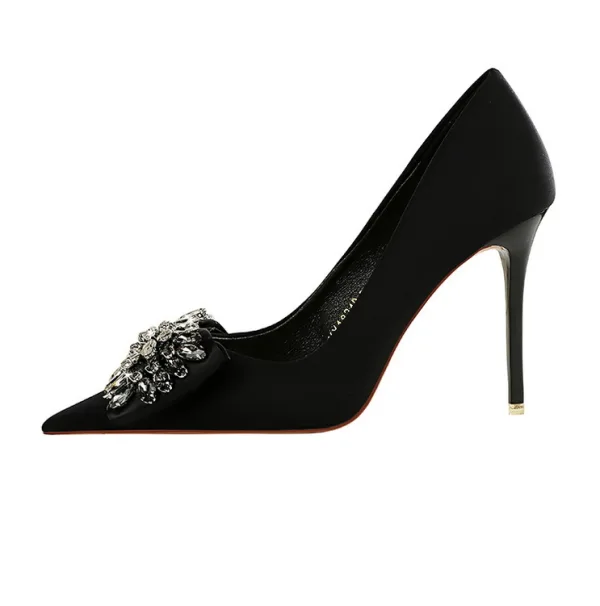 Snygga / Fina Svarta Rhinestone Afton Pumps 2023 10 cm Högklackade Spetsiga Pumps Stilettklackar