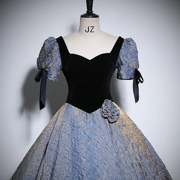 Elegant Sky Blue Appliques Prom Dresses 2024 Ball Gown Square Neckline Puffy Short Sleeve Backless Floor-Length / Long Prom Formal Dresses