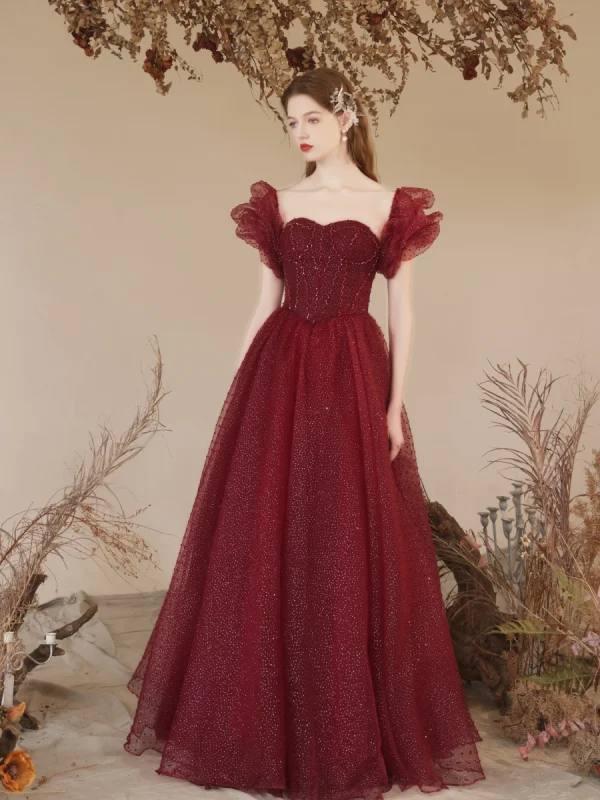Bling Bling Burgundy Glitter Prom Dresses 2024 A-Line / Princess Off-The-Shoulder Short Sleeve Backless Floor-Length / Long Prom Formal Dresses