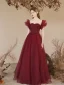 Bling Bling Burgundy Glitter Prom Dresses 2024 A-Line / Princess Off-The-Shoulder Short Sleeve Backless Floor-Length / Long Prom Formal Dresses