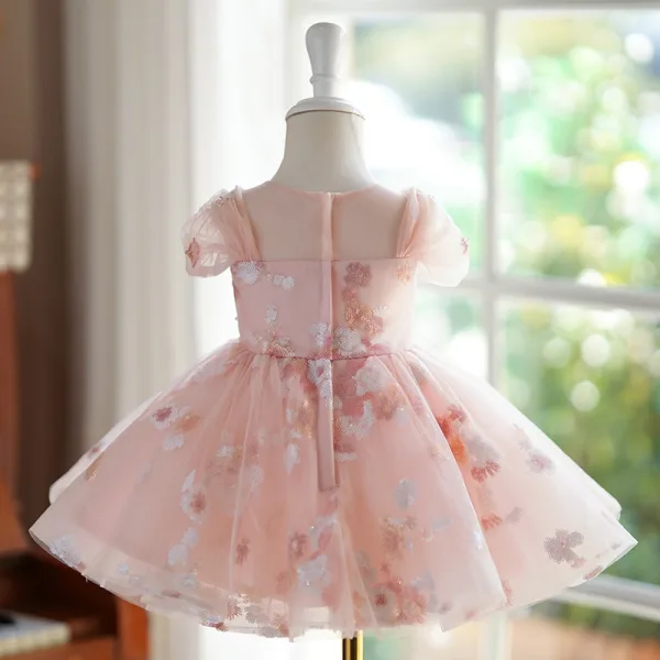 Chic / Belle Rougissant Rose Perle Paillettes Courte Anniversaire Robe Ceremonie Fille 2024 Robe Boule Encolure Dégagée Mancherons Tulle