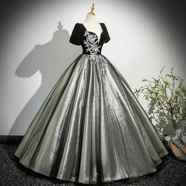 Demure Black Glitter Sequins Prom Dresses 2025 Ball Gown Square Neckline Puffy Short Sleeve Backless Floor-Length / Long Prom Formal Dresses