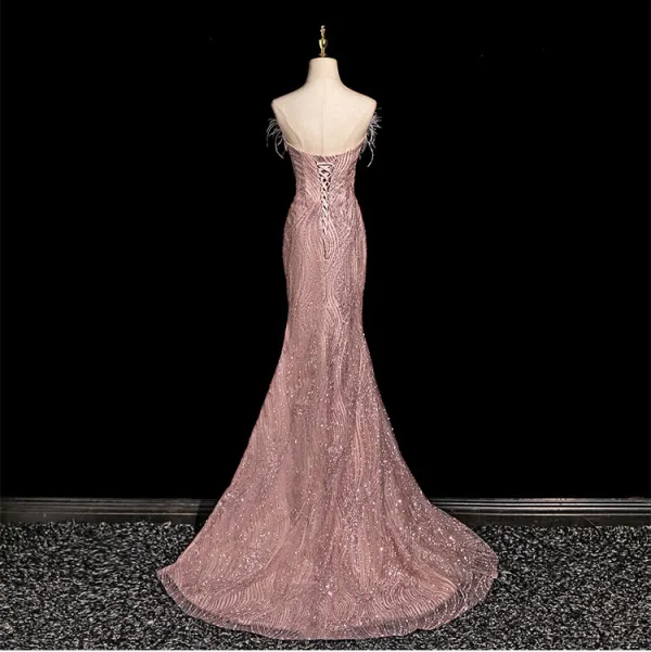 Sexy Rougissant Rose Perlage Faux Diamant Paillettes Gland Robe De Soirée 2025 Trompette / Sirène Bustier Sans Manches Dos Nu Noeud Tribunal Train Soirée