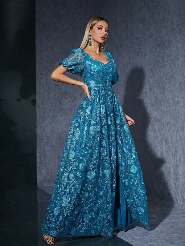 Vintage / Retro Pool Blue Lace Flower Split Front Prom Dresses 2025 A-Line / Princess Square Neckline Short Sleeve Floor-Length / Long Prom Formal Dresses