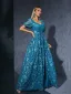 Vintage / Retro Pool Blue Lace Flower Split Front Prom Dresses 2025 A-Line / Princess Square Neckline Short Sleeve Floor-Length / Long Prom Formal Dresses