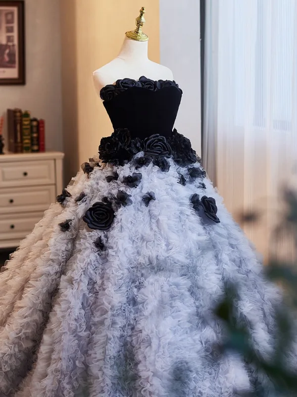 Fashion Black Appliques Pleated Prom Dresses 2024 Ball Gown Strapless Sleeveless Backless Sweep Train Prom Formal Dresses