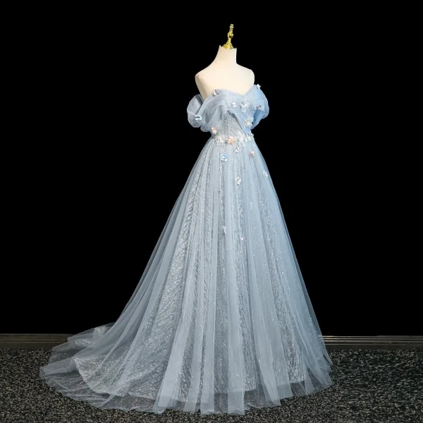 Chic / Beautiful Sky Blue Beading Pearl Appliques Prom Dresses 2025 Ball Gown Off-The-Shoulder Short Sleeve Backless Sweep Train Prom Formal Dresses
