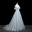 Chic / Beautiful Sky Blue Beading Pearl Appliques Prom Dresses 2025 Ball Gown Off-The-Shoulder Short Sleeve Backless Sweep Train Prom Formal Dresses