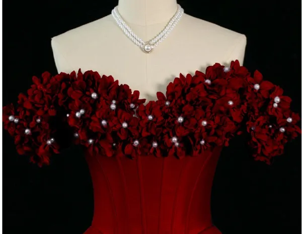 Chic / Beautiful Burgundy Pearl Appliques Prom Dresses 2024 Satin A-Line / Princess Off-The-Shoulder Sleeveless Backless Floor-Length / Long Prom Formal Dresses