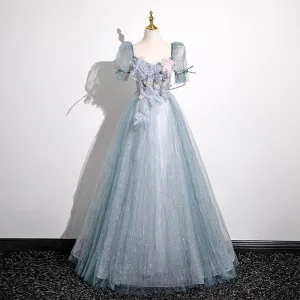 Élégant Bleu Ciel Perlage Appliques Robe De Bal Princesse 2025 Encolure Carrée Manches Courtes Dos Nu Longue Promo Robe De Ceremonie