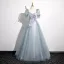 Elegant Sky Blue Beading Appliques Prom Dresses A-Line / Princess 2025 Square Neckline Short Sleeve Backless Floor-Length / Long Prom Formal Dresses
