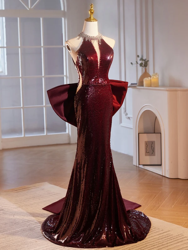 Scintillantes Bordeaux Faux Diamant Paillettes Robe De Soirée 2024 Trompette / Sirène Titulaire Sans Manches Dos Nu Noeud Train De Balayage Soirée Robe De Ceremonie