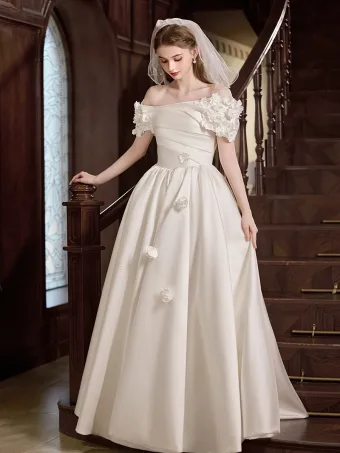 Elegante Ivory Creme Applikationen Satin Brautkleider Hochzeitskleider 2025 A Linie Off Shoulder Kurze Ärmel Rückenfreies Lange