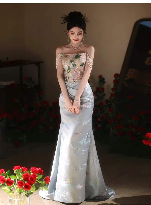Charming Grey Beading Sequins Lace Flower Prom Dresses 2024 Trumpet / Mermaid Off-The-Shoulder Sleeveless Backless Bow Floor-Length / Long Prom Formal Dresses