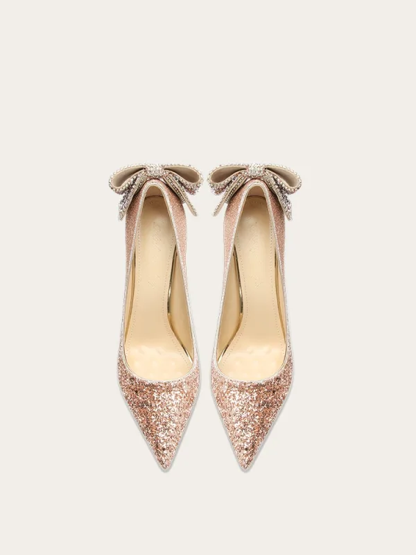 Glittrande Champagne Paljetter Rosett Läder Brudskor 2024 10 cm Stilettklackar Spetsiga Bröllop Pumps Högklackade
