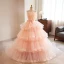 Charmant Rougissant Rose Volants en Cascade Robe De Bal 2023 Robe Boule Bretelles Spaghetti Gland Sans Manches Perle Noeud Ceinture Dos Nu Tribunal Train Robe De Ceremonie