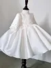 Chic / Beautiful White Beading Pearl Short Flower Girl Dresses 2023 Ball Gown Birthday Scoop Neck Short Sleeve Bow