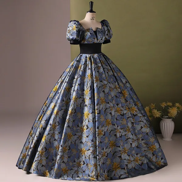 Vintage / Retro Ocean Blue Printing Prom Dresses 2024 Ball Gown Square Neckline Short Sleeve Backless Floor-Length / Long Prom Formal Dresses