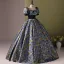 Vintage / Retro Ocean Blue Printing Prom Dresses 2024 Ball Gown Square Neckline Short Sleeve Backless Floor-Length / Long Prom Formal Dresses